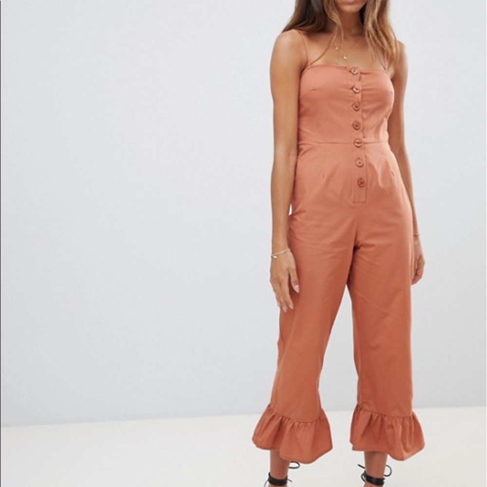 ASOS Frill hem jumpsuit in burnt orange